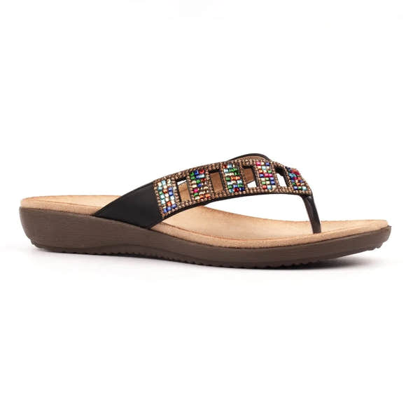 Lunar JLH565 Abigail II women's black slip-on sandals with embellished multicolor bead accents and cushioned beige footbed.