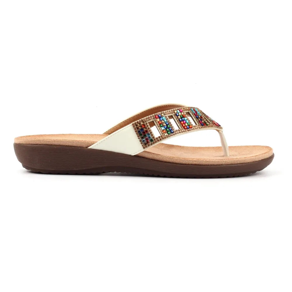 Lunar JLH565 Abigail II women's white slip-on sandals with multicolor rhinestone embellishments and cushioned footbed.