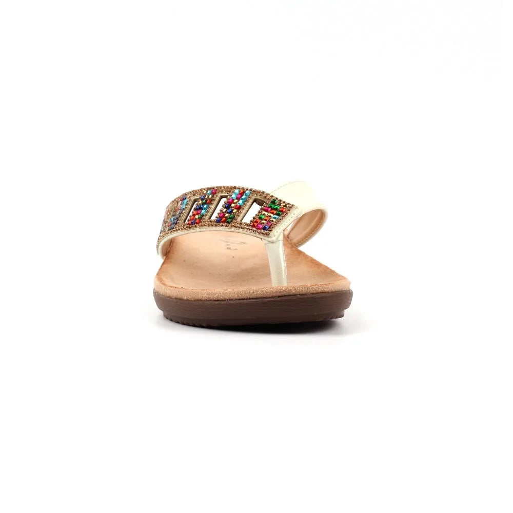 Lunar JLH565 Abigail II Women's white slip-on sandal with jeweled band, cushioned footbed, and flat brown sole.