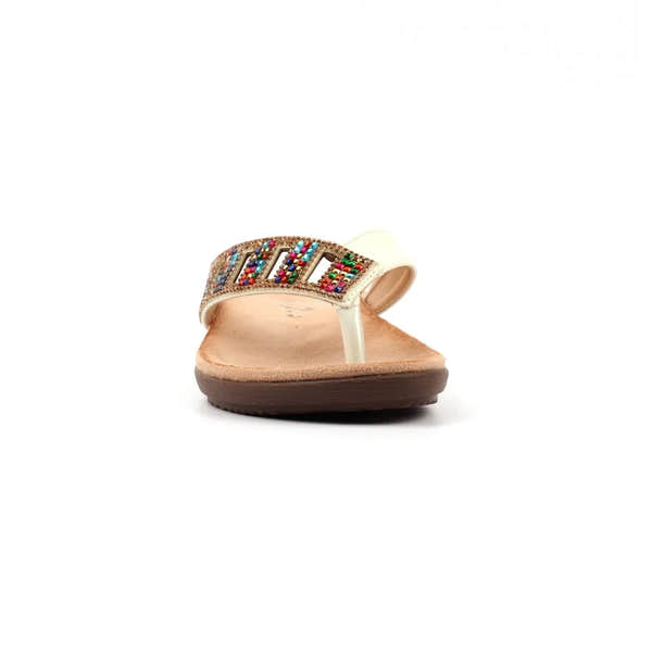 Lunar JLH565 Abigail II Women's white slip-on sandal with jeweled band, cushioned footbed, and flat brown sole.