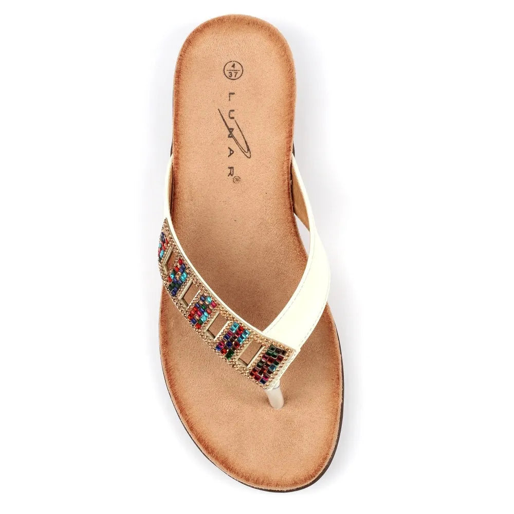 Lunar JLH565 Abigail II women's white slip-on sandals with beaded strap and cushioned insole.