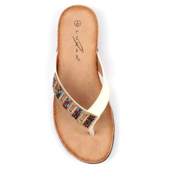 Lunar JLH565 Abigail II women's white slip-on sandals with beaded strap and cushioned insole.