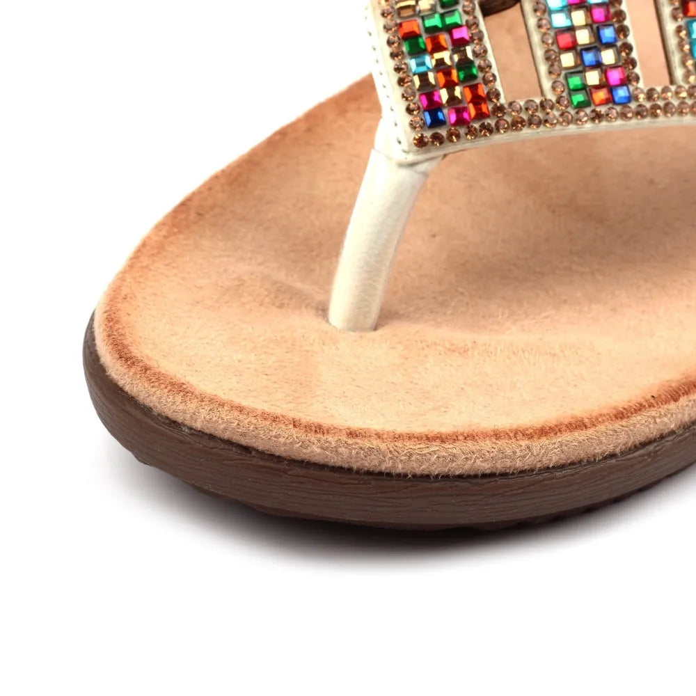 Lunar JLH565 Abigail II women's white slip-on sandals with colorful rhinestone embellishments and cushioned beige insole.