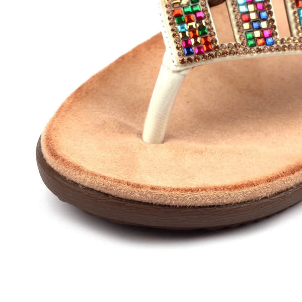 Lunar JLH565 Abigail II women's white slip-on sandals with colorful rhinestone embellishments and cushioned beige insole.