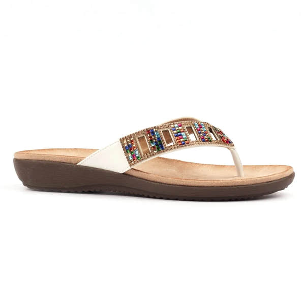Lunar JLH565 Abigail II women's white slip-on sandals with colorful bead embellishments, cushioned footbed, and slip-resistant sole.