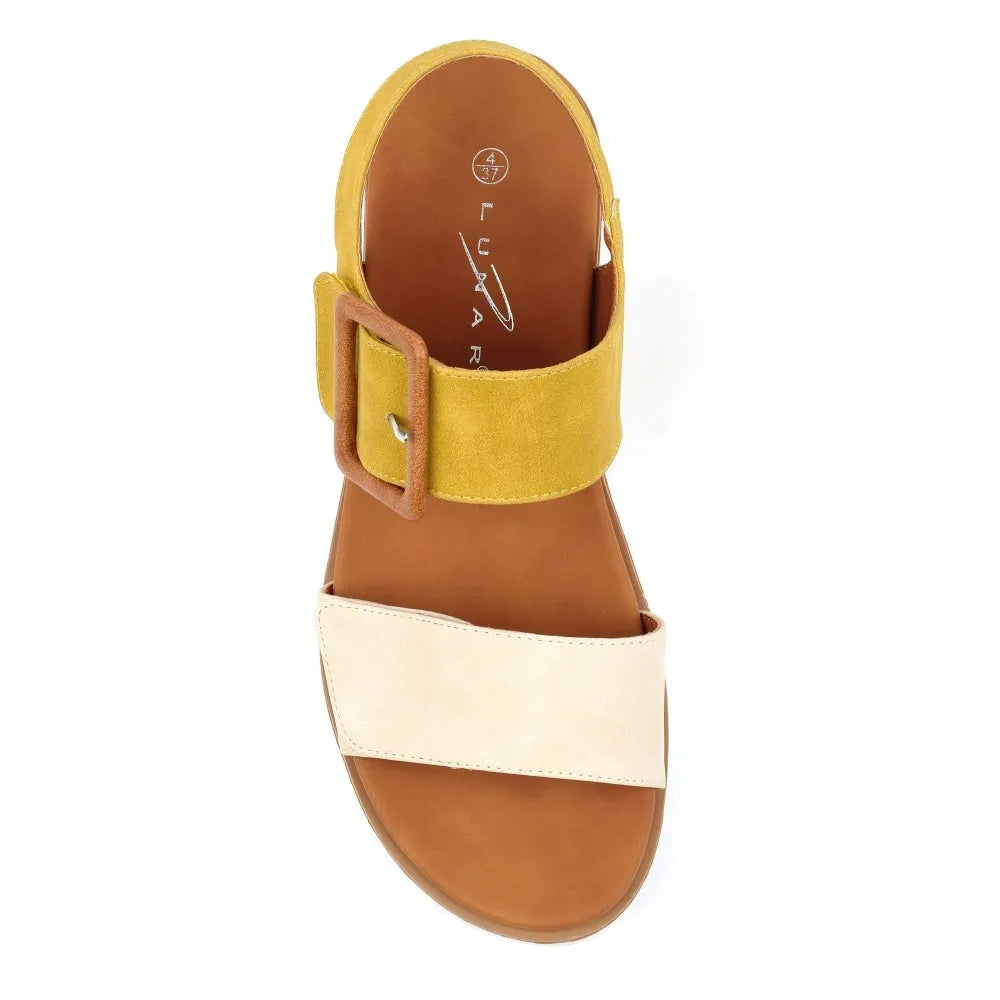 Lunar JLH581 Gabby Ladies Lime Touch fastenings sandals with colorblock straps in lime, cream, and tan, featuring a buckle closure.