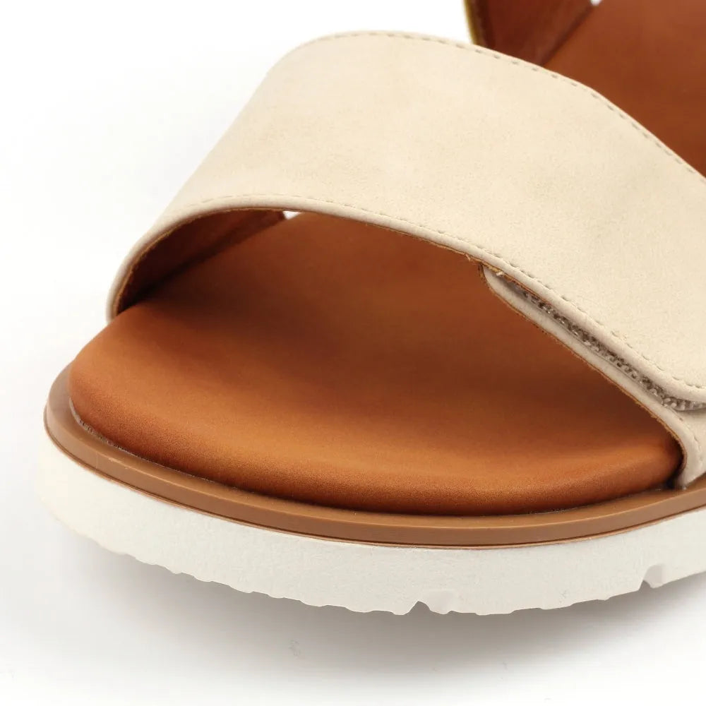 Lunar JLH581 Gabby Ladies Lime Touch Sandals with fast fastening, beige strap, cushioned insole, and slip-on design.