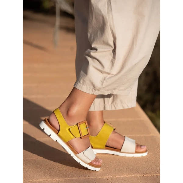 Lunar JLH581 Gabby Ladies Lime Touch Fastening Sandals with yellow and white straps, buckle detail, and chunky white sole.