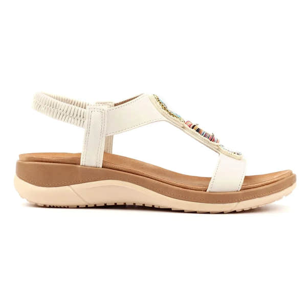Lunar JLH589 Kay Ladies White Elasticated Sandals with Beaded Detail and Cushioned Sole.