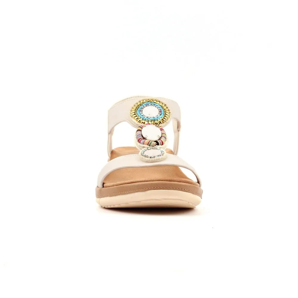 Lunar JLH589 Kay Ladies White Elasticated Sandals with decorative colorful rings and gold accents.