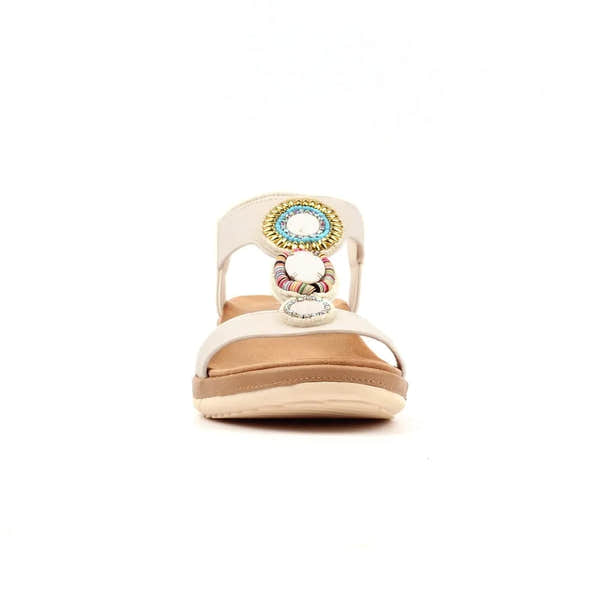 Lunar JLH589 Kay Ladies White Elasticated Sandals with decorative colorful rings and gold accents.