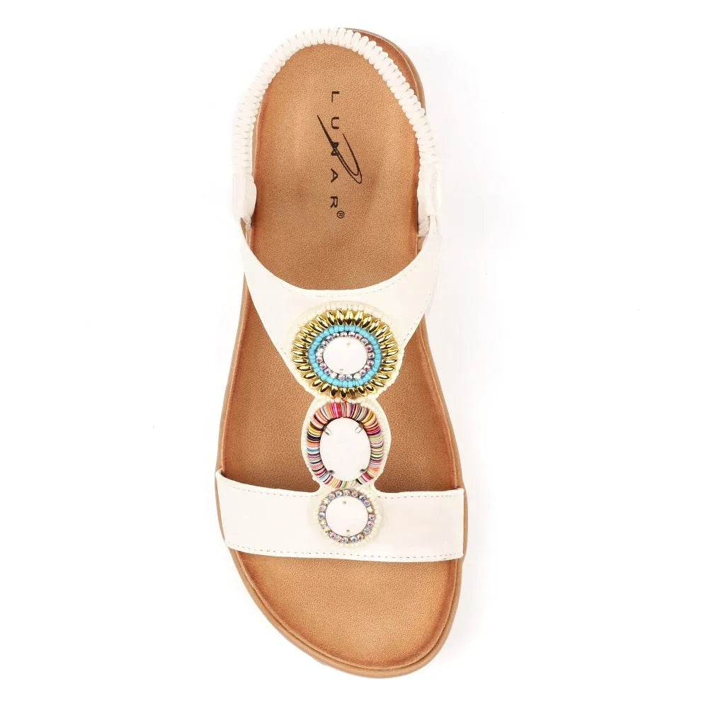 Lunar JLH589 Kay Ladies White Elasticated Sandals with decorative circular embellishments on strap, casual open-toe design.