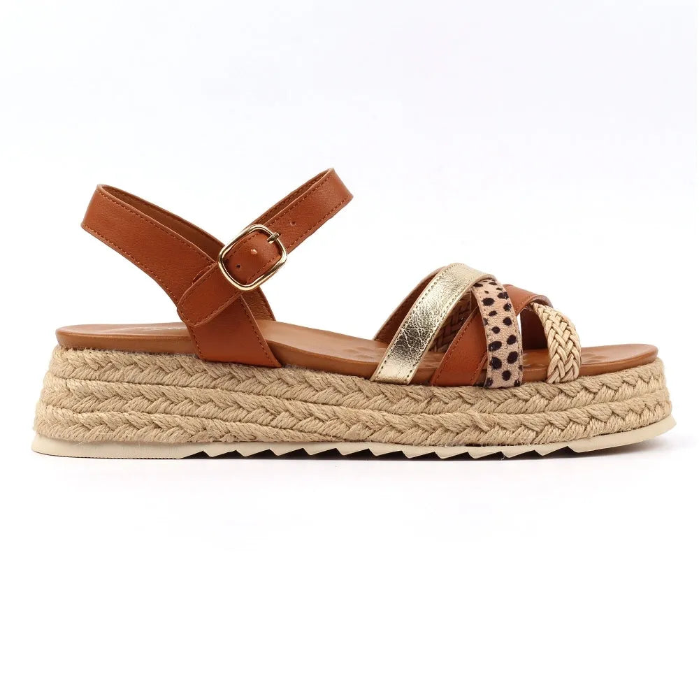 Lunar JLH607 Flick Ladies Tan Buckle Sandals with braided espadrille sole and multi-strap design.