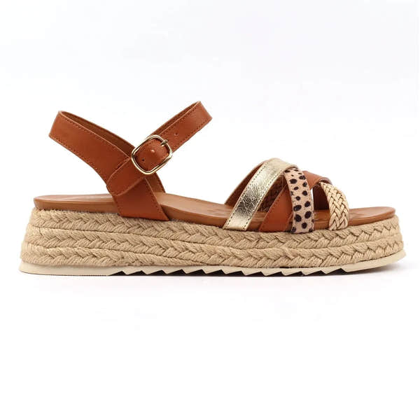 Lunar JLH607 Flick Ladies Tan Buckle Sandals with braided espadrille sole and multi-strap design.