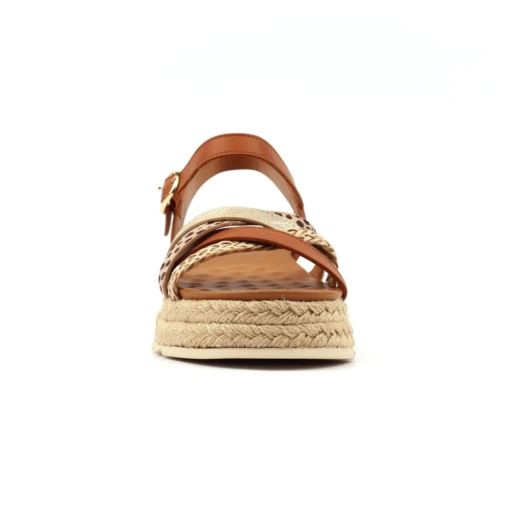 Lunar JLH607 Flick Ladies Tan Buckle Sandals with multi-strap design, chunky heel, and woven espadrille sole.