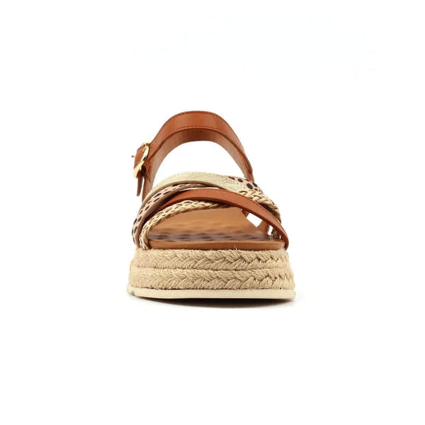 Lunar JLH607 Flick Ladies Tan Buckle Sandals with multi-strap design, chunky heel, and woven espadrille sole.