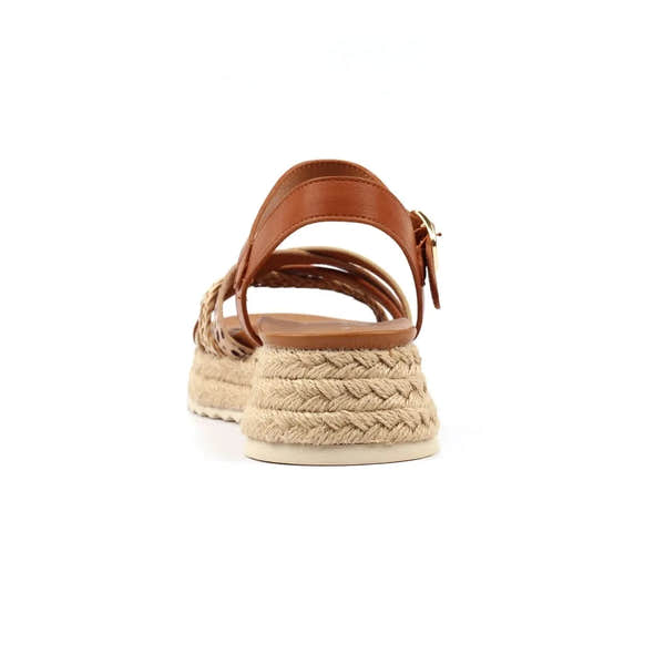 Lunar JLH607 Flick Ladies Tan Buckle Sandals with woven rope wedge heel, open toe, ankle strap, and gold buckle detail.