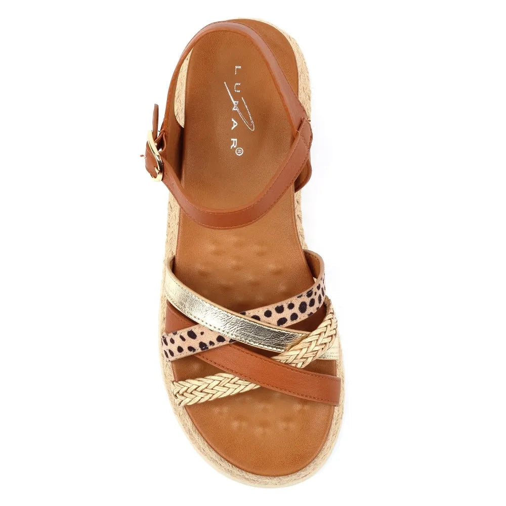 Lunar JLH607 Flick Ladies Tan Buckle Sandals with multi-strap design and woven sole, stylish women's open-toe footwear.