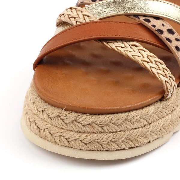 Lunar JLH607 Flick Ladies Tan Buckle Sandals with woven rope sole and multiple strap design, casual summer footwear.