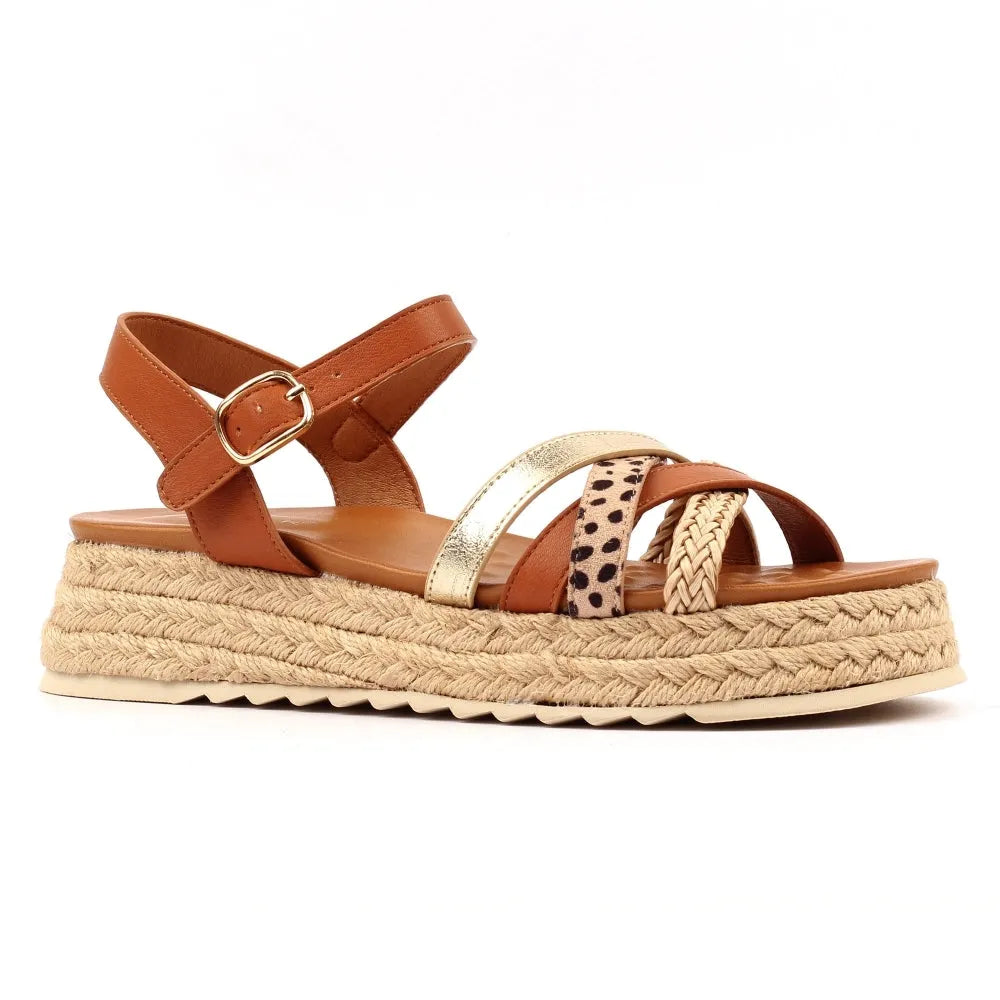 Lunar JLH607 Flick Ladies Tan Buckle Sandals with braided jute platform and multi-colored straps for summer wear.