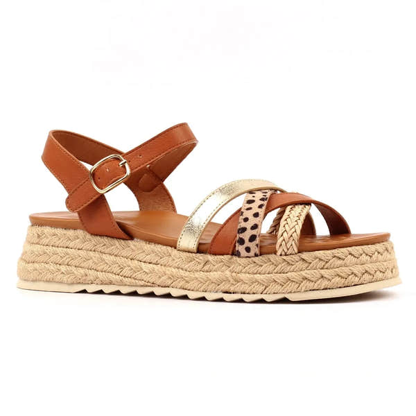 Lunar JLH607 Flick Ladies Tan Buckle Sandals with braided jute platform and multi-colored straps for summer wear.