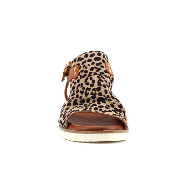 Leopard-print leather sandal with a brown buckle, flat sole, and open toe design, perfect for stylish summer wear.