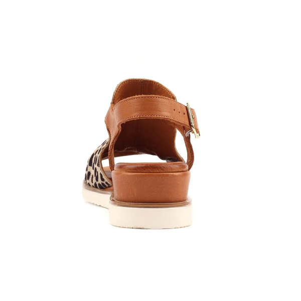 Lunar JLS003 Steffi ladies sandals with ocelot leather, buckle strap, tan and leopard print, chunky sole.