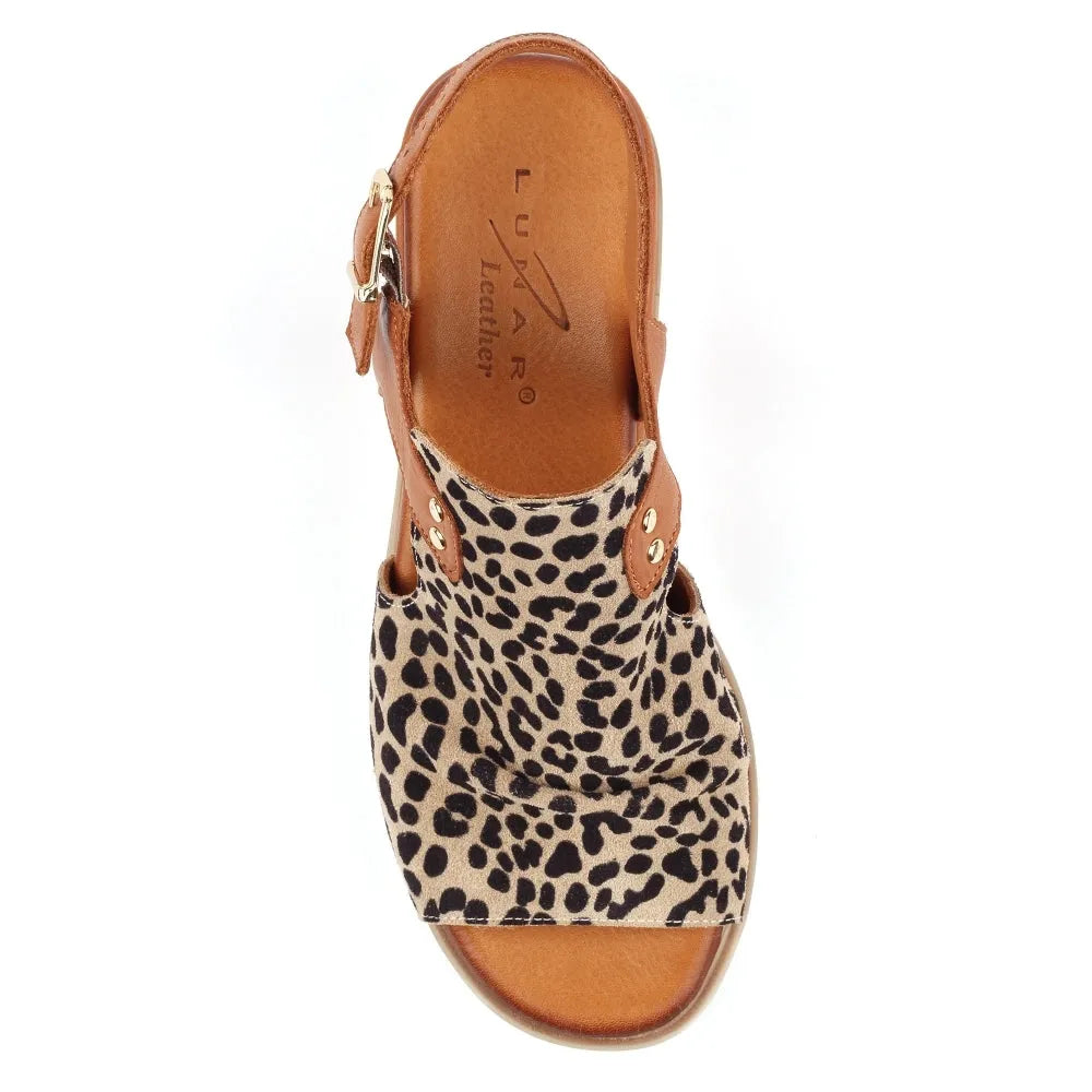 Lunar Steffi ladies ocelot leather buckle sandals with leopard print fabric straps and tan leather accents.