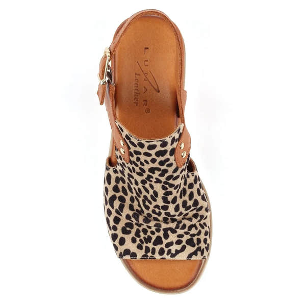 Lunar Steffi ladies ocelot leather buckle sandals with leopard print fabric straps and tan leather accents.