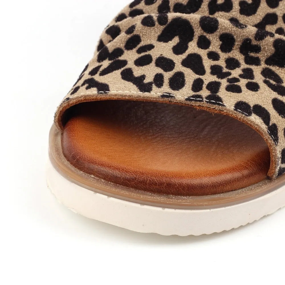 Lunar JLS003 Steffi ladies ocelot leather buckle sandals with leopard print upper, cushioned footbed, and white sole.