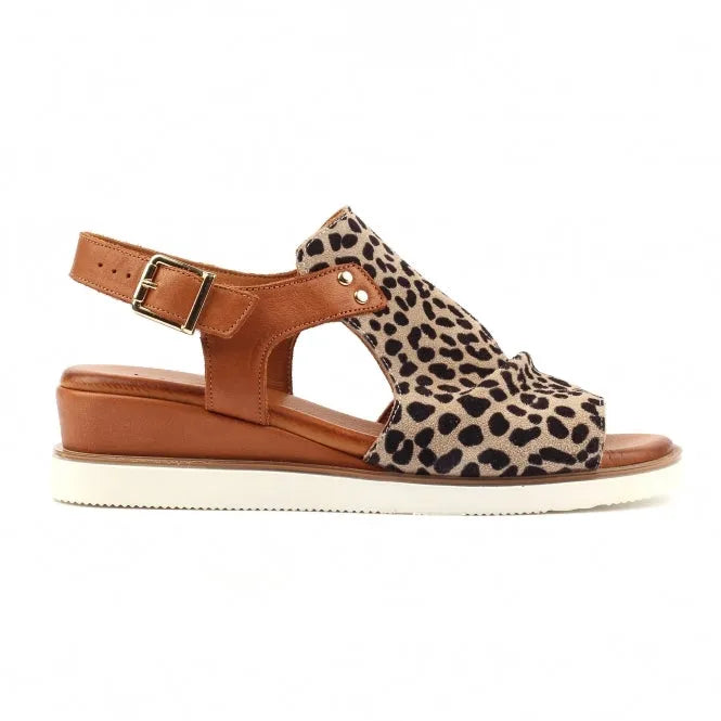 Ocelot print leather sandals with a brown buckle, open design, and a thick white sole for comfortable wear.