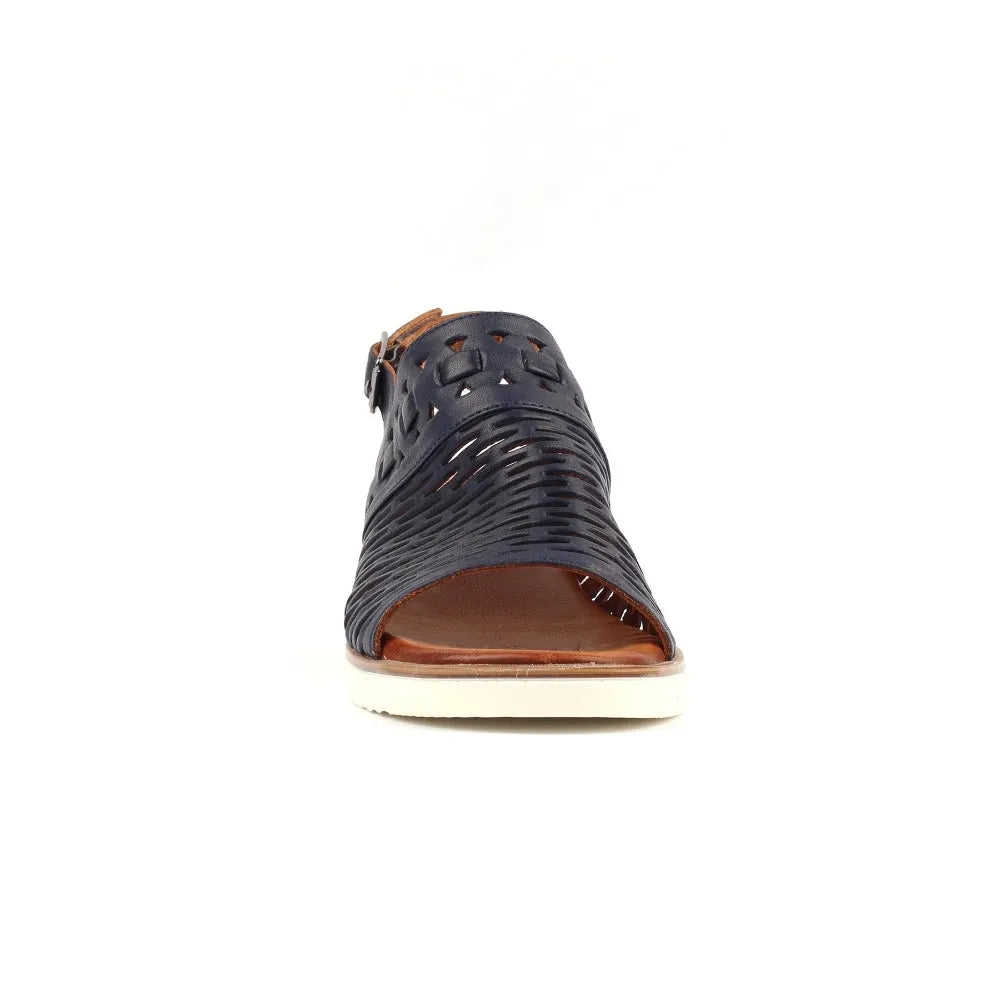 Lunar JLS010 Hailey Ladies Navy Leather Buckle Sandals, open-toe, perforated design, ankle strap, casual women's footwear.