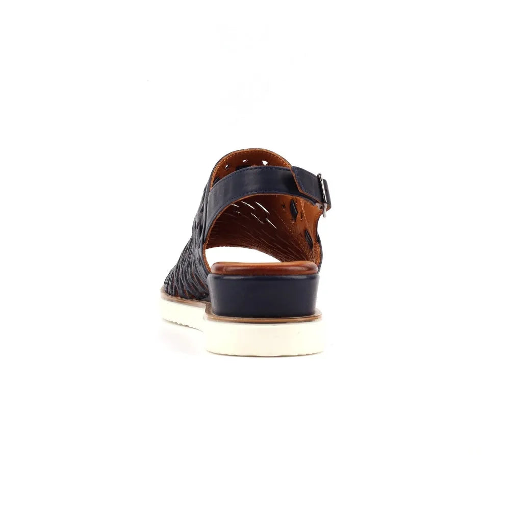 Lunar JLS010 Hailey Ladies Navy Leather Buckle Sandals, back view of stylish navy leather sandals with buckle strap and white sole.
