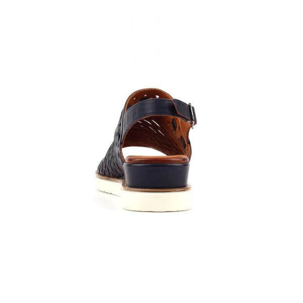 Lunar JLS010 Hailey Ladies Navy Leather Buckle Sandals, back view of stylish navy leather sandals with buckle strap and white sole.
