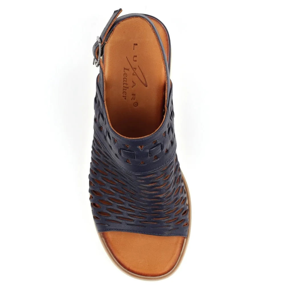 Lunar JLS010 Hailey Ladies Navy Leather Buckle Sandals, open-toe, perforated design, low heel, stylish and comfortable footwear.