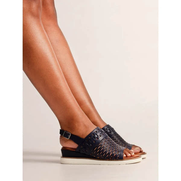 Lunar JLS010 Hailey Ladies Navy Leather Buckle Sandals with woven design and low wedge heel.