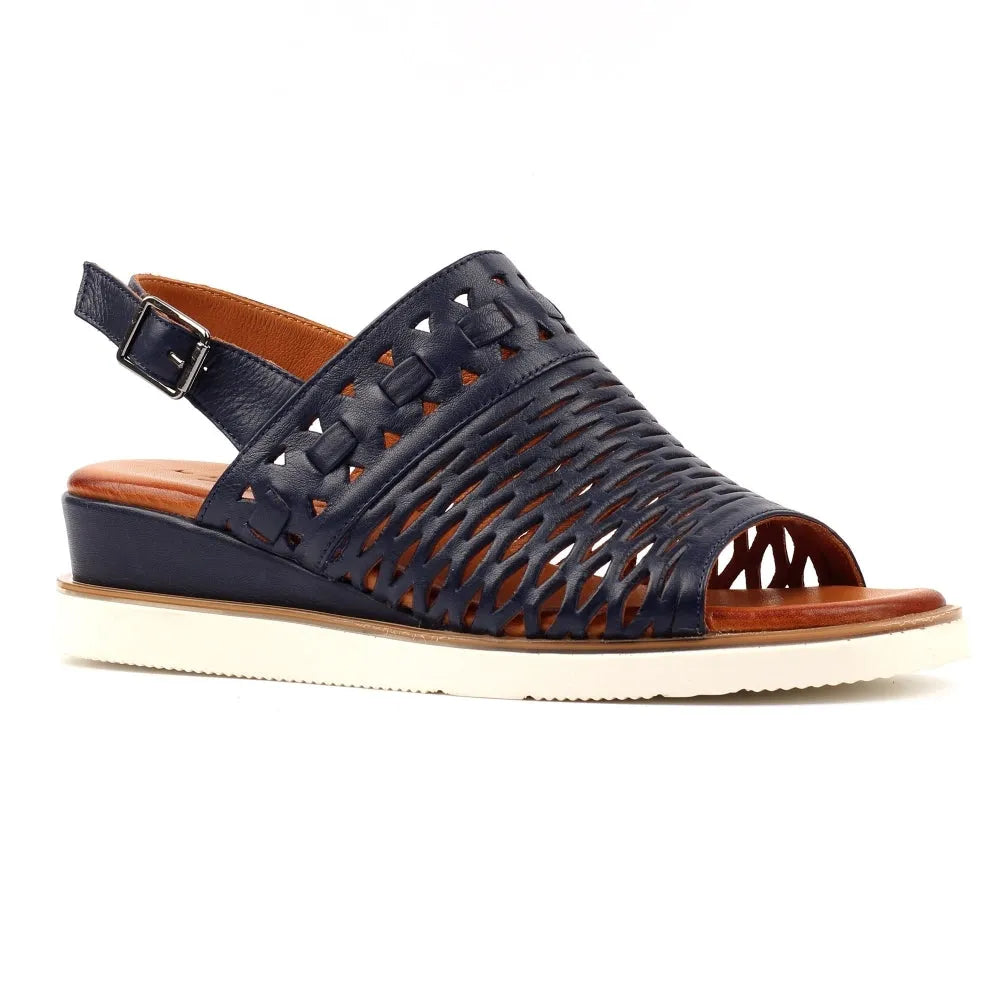 Lunar JLS010 Hailey Navy Leather Buckle Sandals for women with woven design, ankle strap, and low wedge heel.