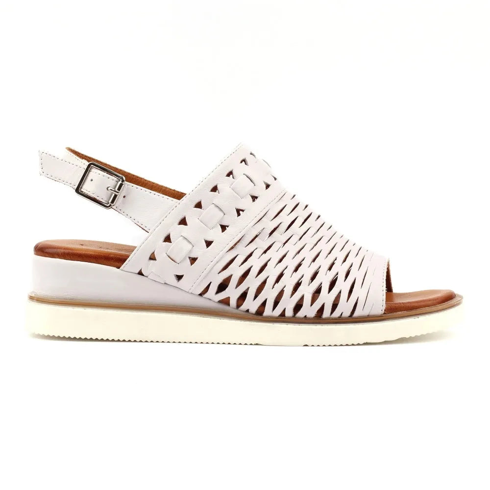Lunar JLS010 Hailey White Leather Buckle Sandals for women with open toe, woven design, adjustable ankle strap, and flat sole.