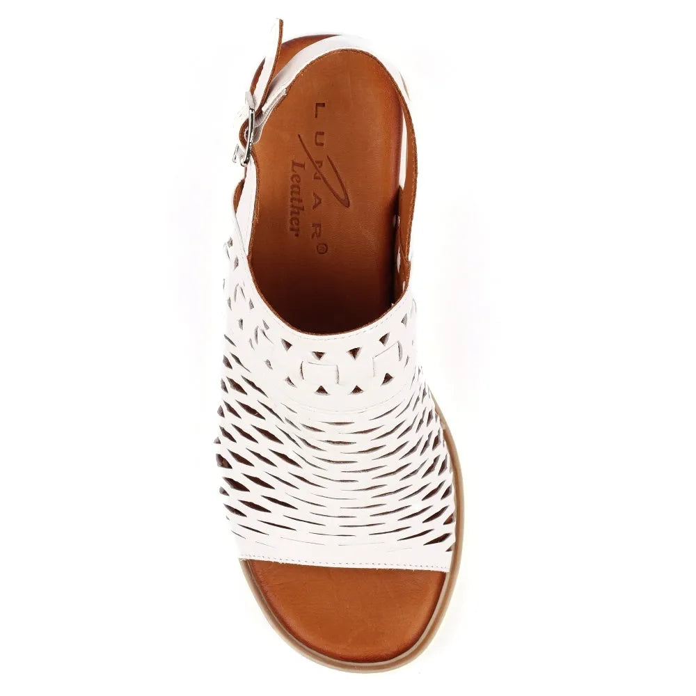 Lunar JLS010 Hailey Women's White Leather Buckle Sandals with cutout design and ankle strap.