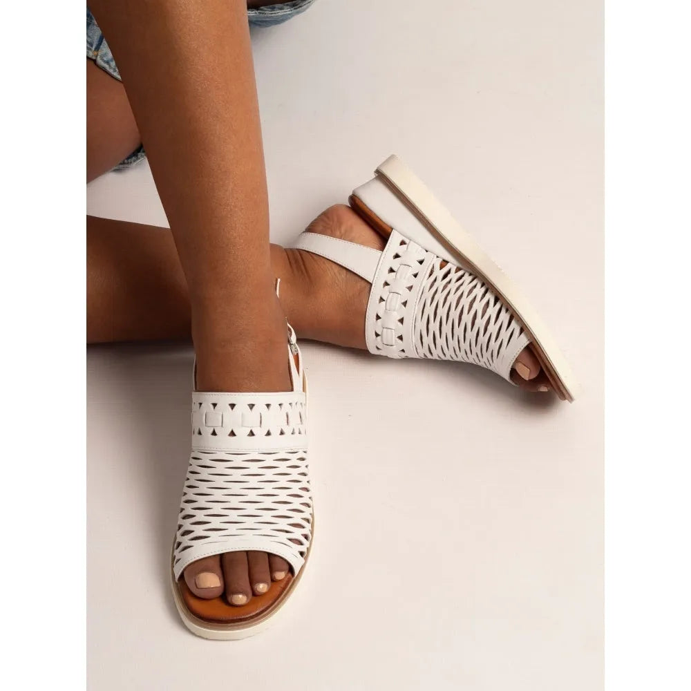 Lunar JLS010 Hailey Women's White Leather Buckle Sandals with open toe, cutout design, and adjustable ankle strap.