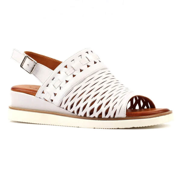 Lunar JLS010 Hailey women's white leather buckle sandals with woven design and open toe.