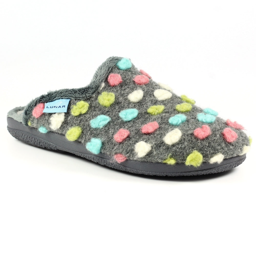 Lunar KLA126 Montreal women's grey textile slippers with colorful polka dot design and soft, plush lining.