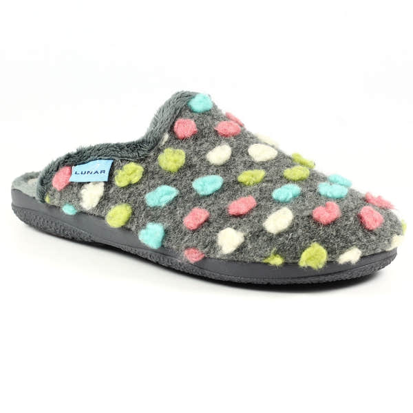 Lunar KLA126 Montreal women's grey textile slippers with colorful polka dot design and soft, plush lining.