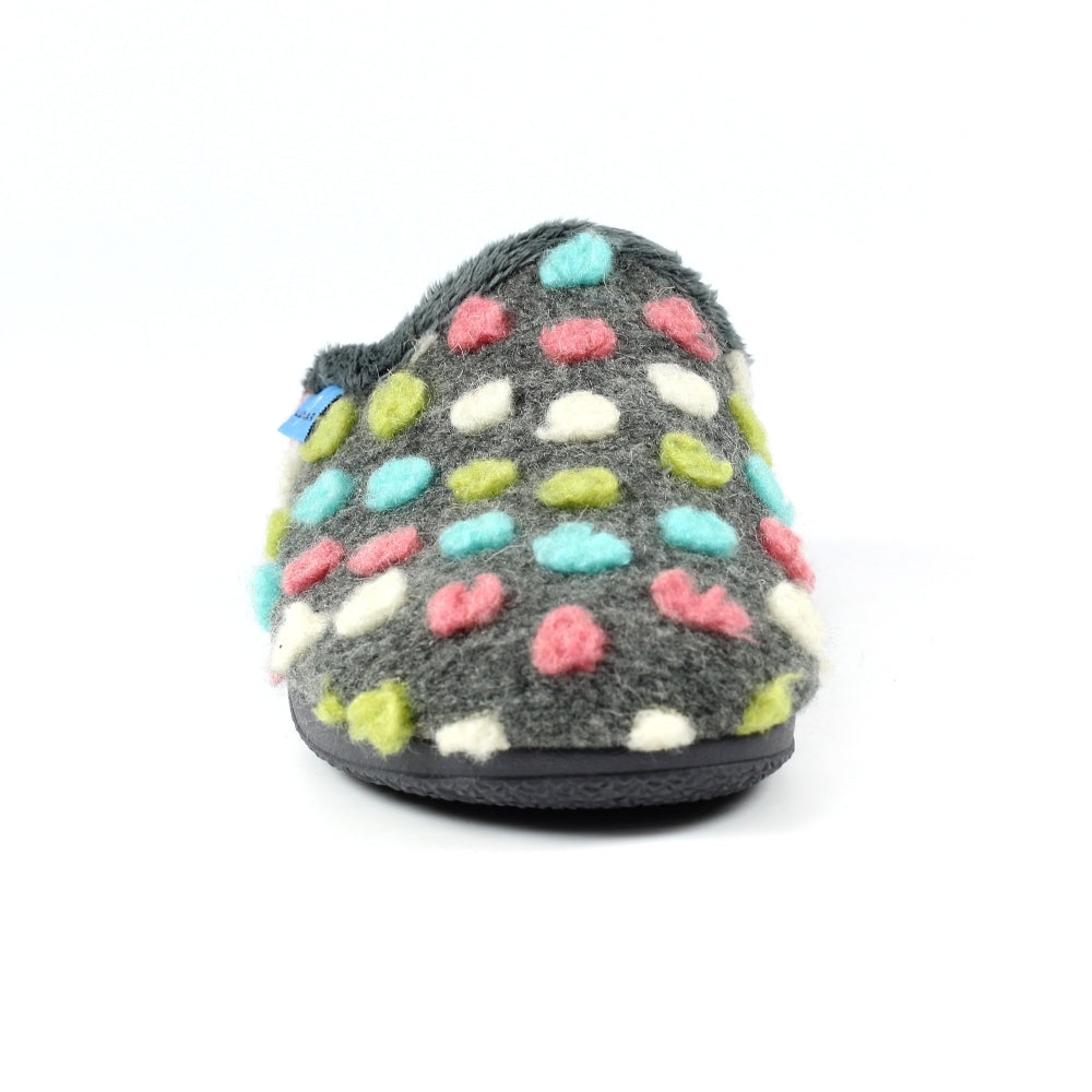 Lunar KLA126 Montreal Ladies Grey Textile Slippers with colorful polka dot accents, cozy and comfortable footwear.