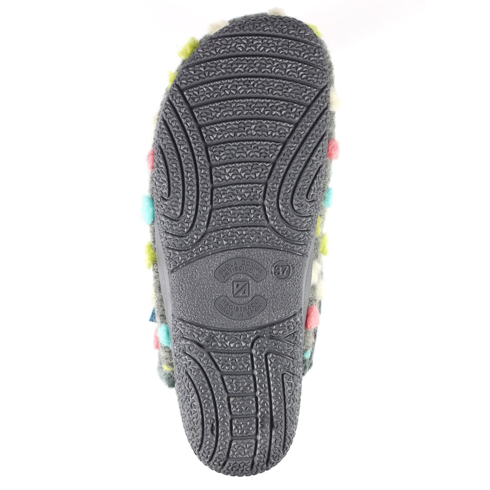 Lunar KLA126 Montreal Ladies Grey Textile Slippers with multicolored pom-poms, anti-slip rubber sole, size 37, made in Spain.