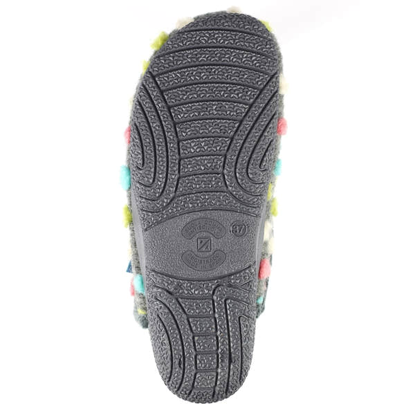 Lunar KLA126 Montreal Ladies Grey Textile Slippers with multicolored pom-poms, anti-slip rubber sole, size 37, made in Spain.