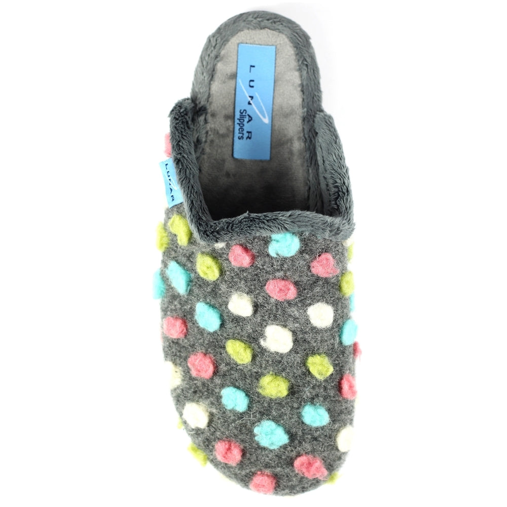 Lunar KLA126 Montreal Ladies Spanish Grey Textile Slippers with colorful polka dot pattern and plush interior.