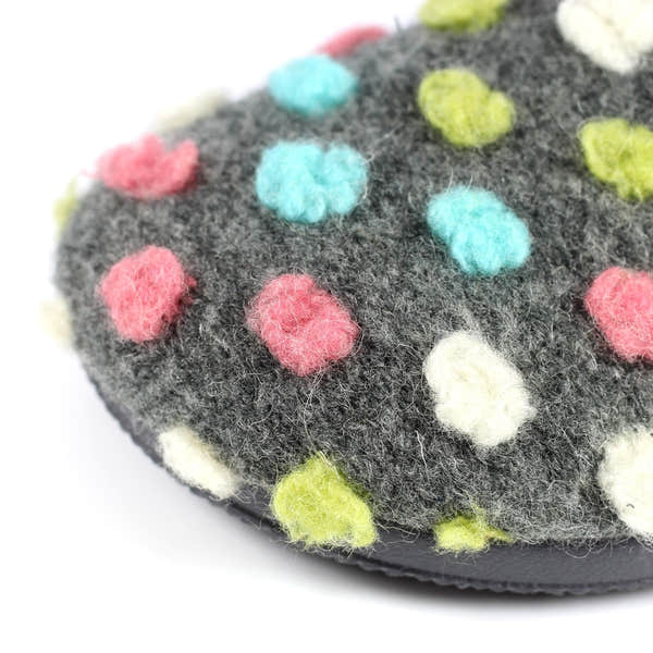 Lunar KLA126 Montreal Ladies Grey Textile Slippers with colorful polka dot design.