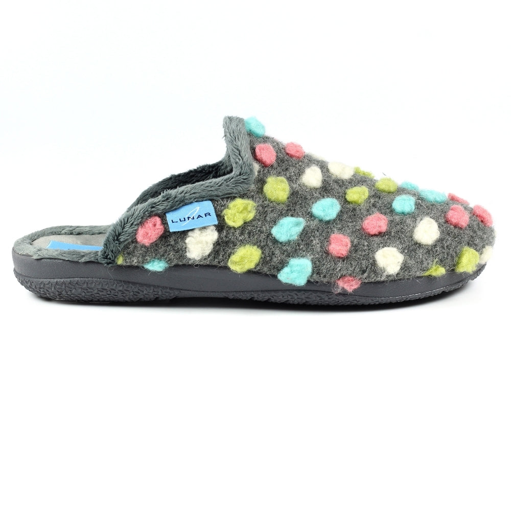 Lunar KLA126 Montreal Ladies Grey Textile Slippers with colorful pom-ops, soft lining, slip-on design, and rubber sole.