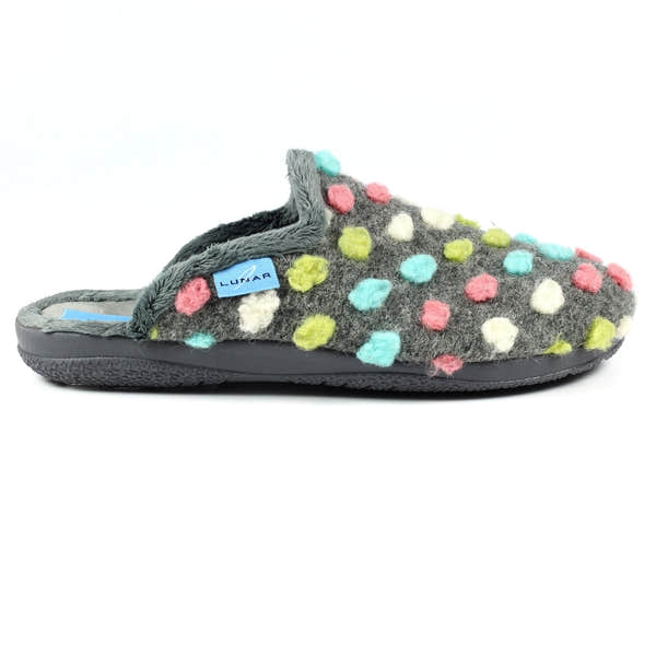 Lunar KLA126 Montreal Ladies Grey Textile Slippers with colorful pom-ops, soft lining, slip-on design, and rubber sole.